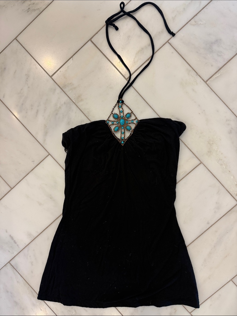 Sky Black Strapless Dress with Turquoise Accent
